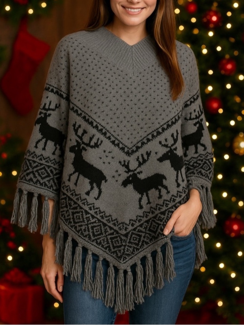 Steve Madden Gray Knit Deer Moose pattern fringed Poncho – Juniors Tweens!